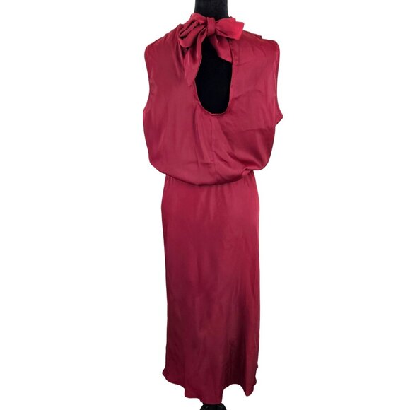 Pretty Garden Womens Med Elegant Burgundy Satin Midi Dress Tie Back Neck Formal - Picture 4 of 10